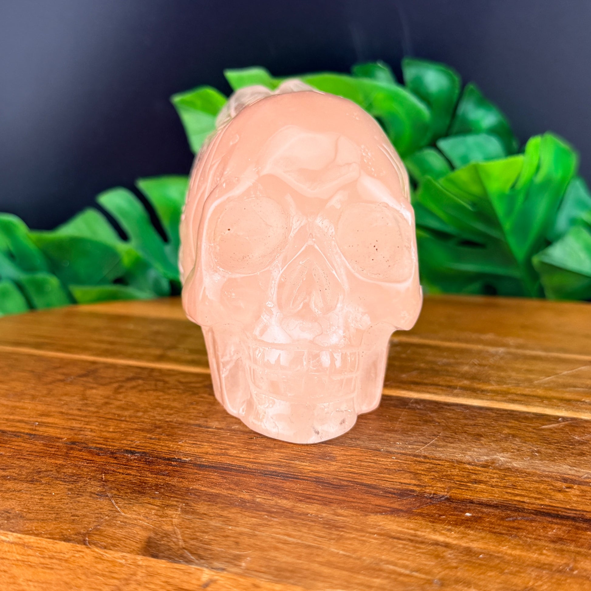 Gemmy Rose Quartz Feather Skull