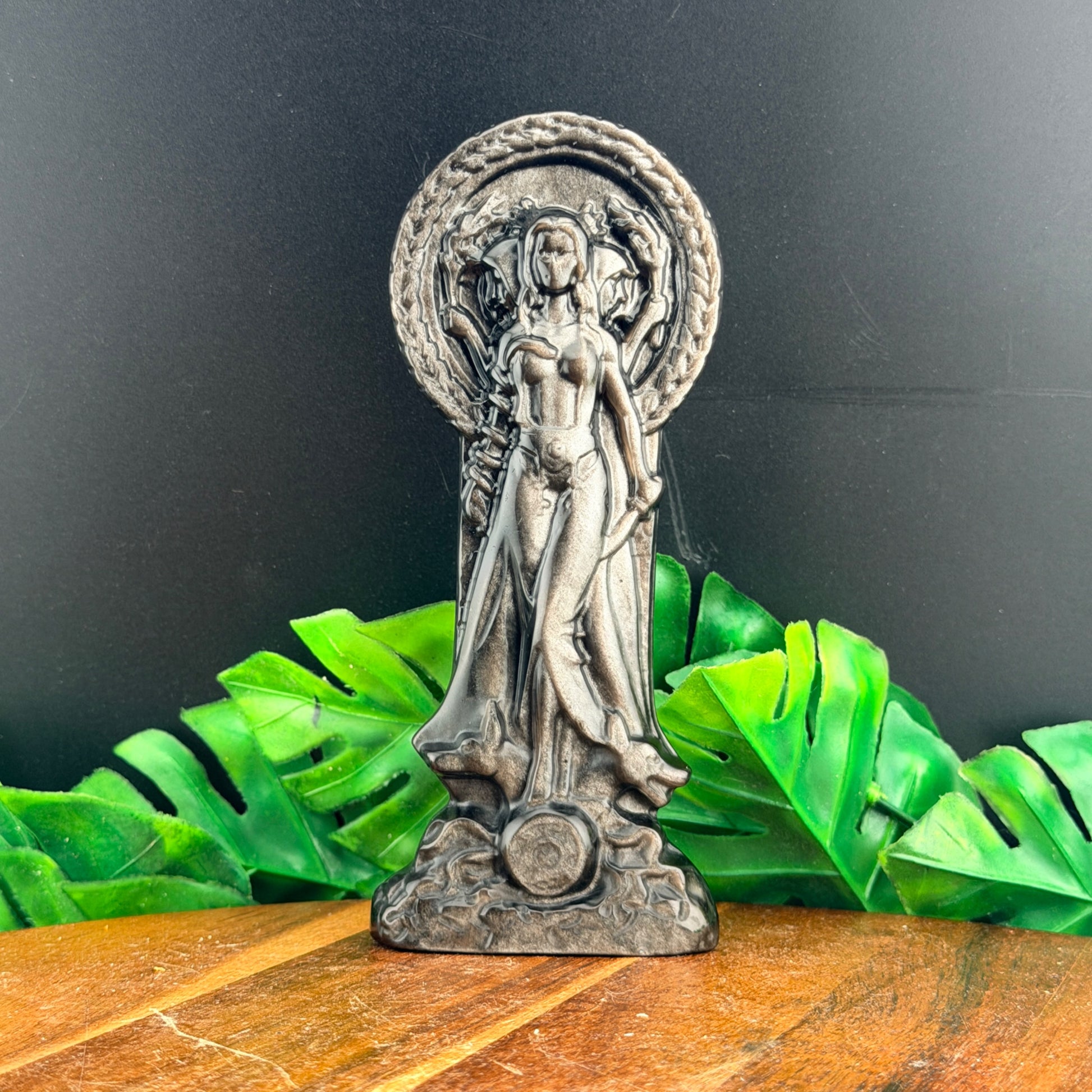 Silver Sheen Obsidian Hecate Goddess Carving