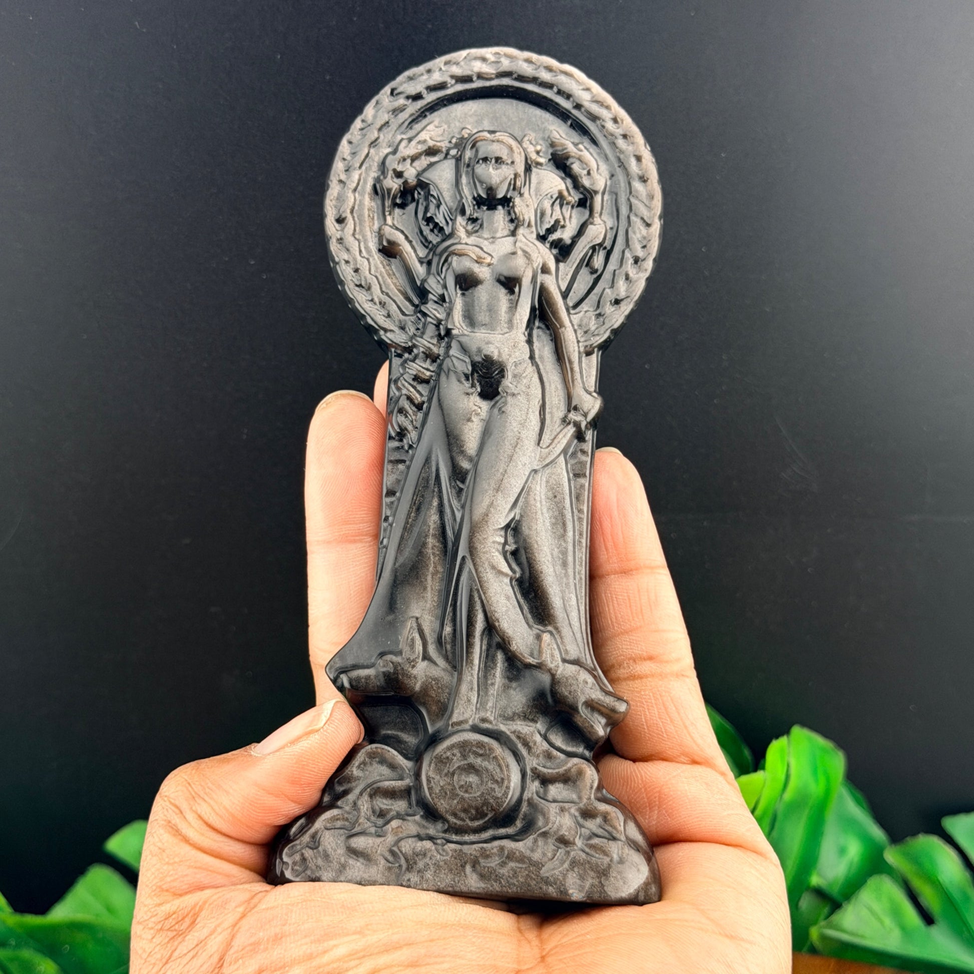 Silver Sheen Obsidian Hecate Goddess Carving