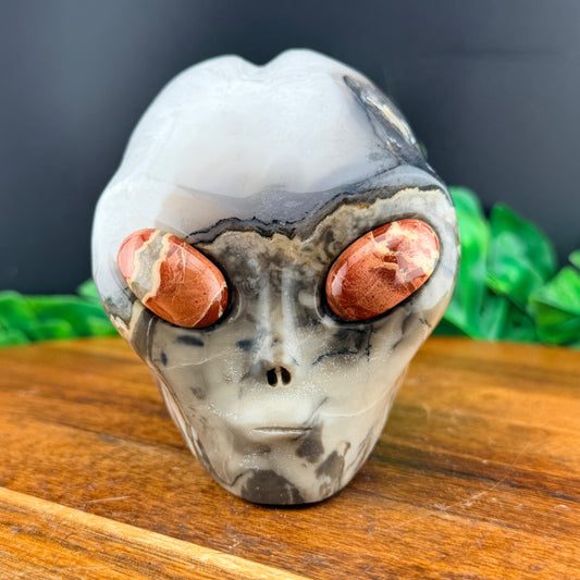 Agate Alien Skull with Red Jasper Eyes