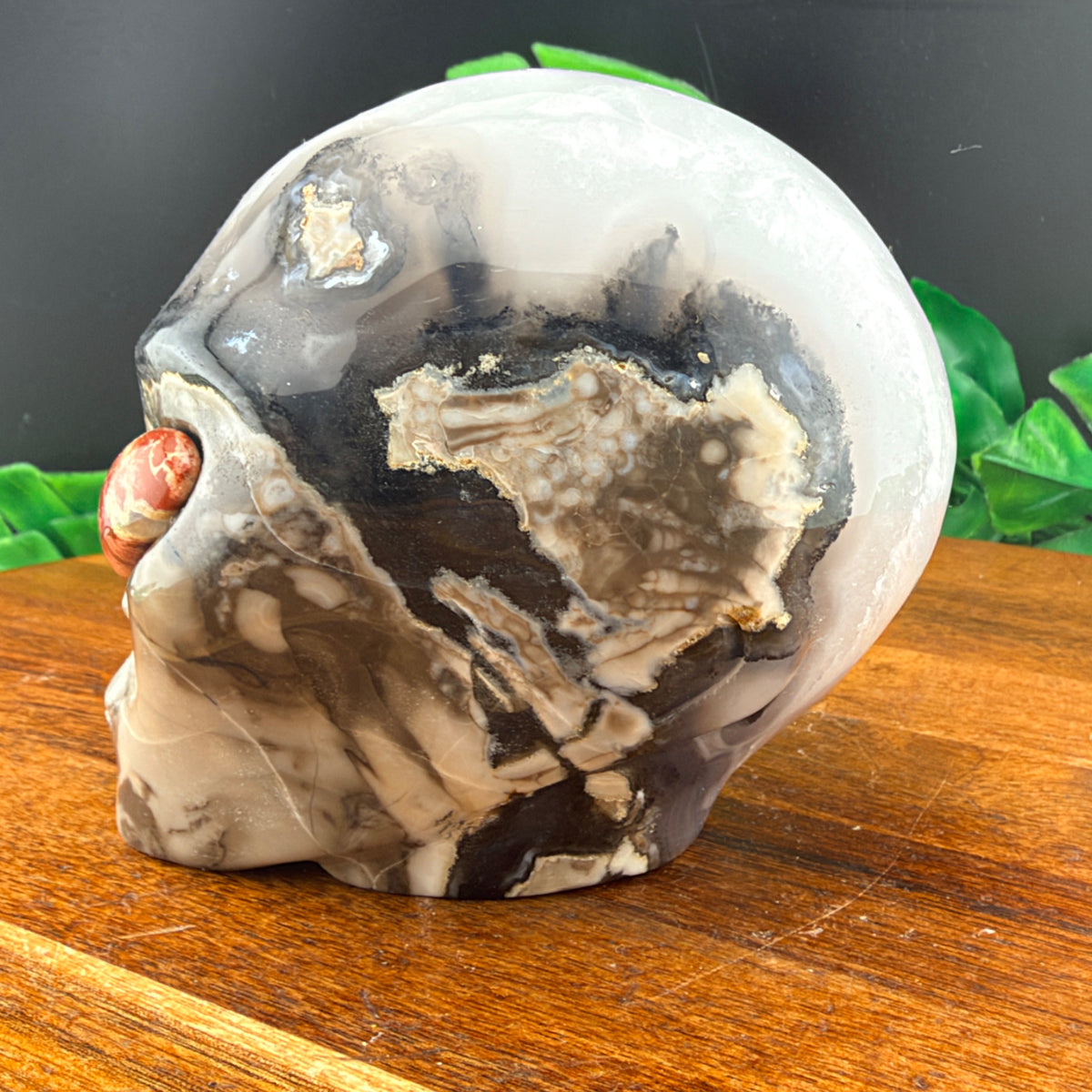 Agate Alien Skull with Red Jasper Eyes