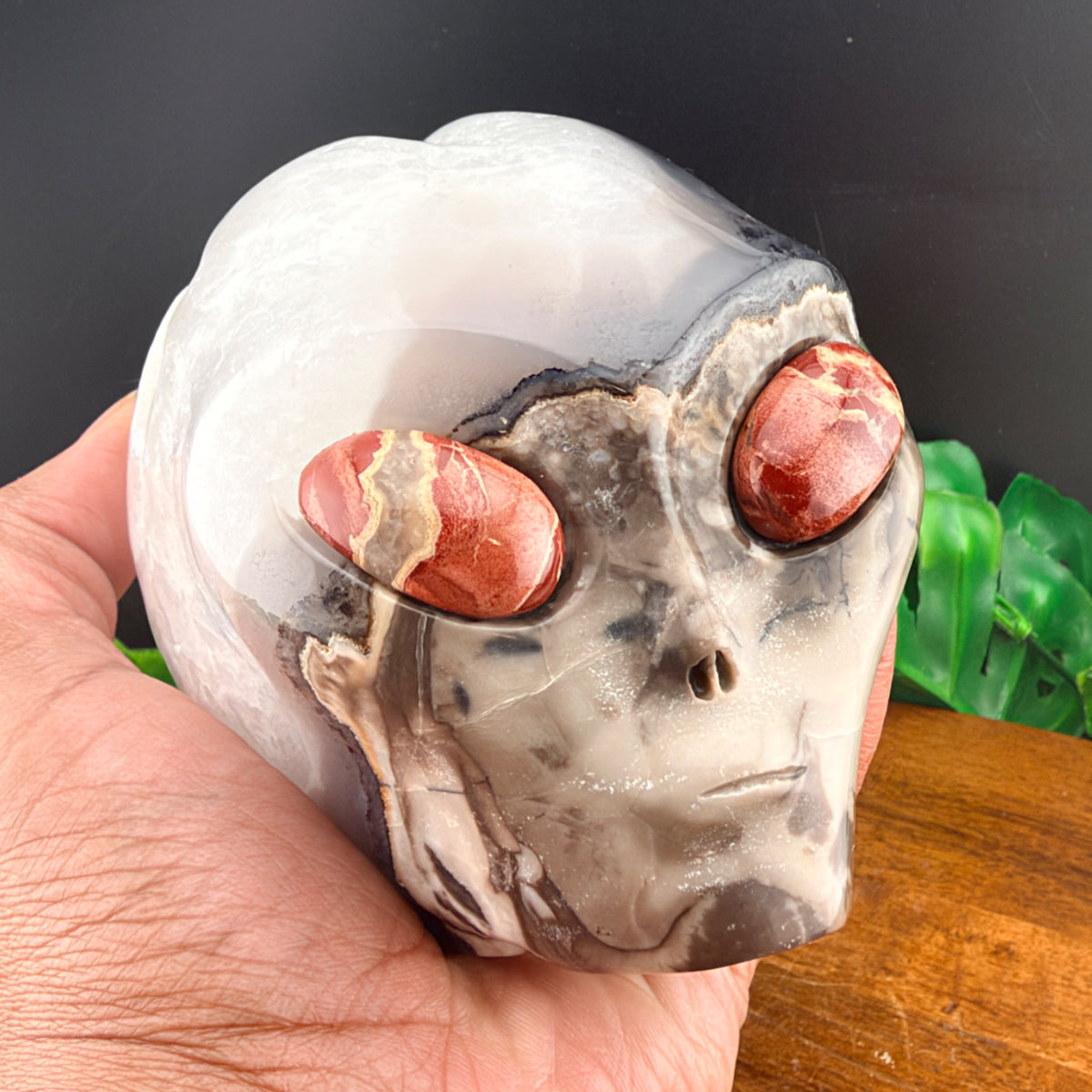 Agate Alien Skull with Red Jasper Eyes