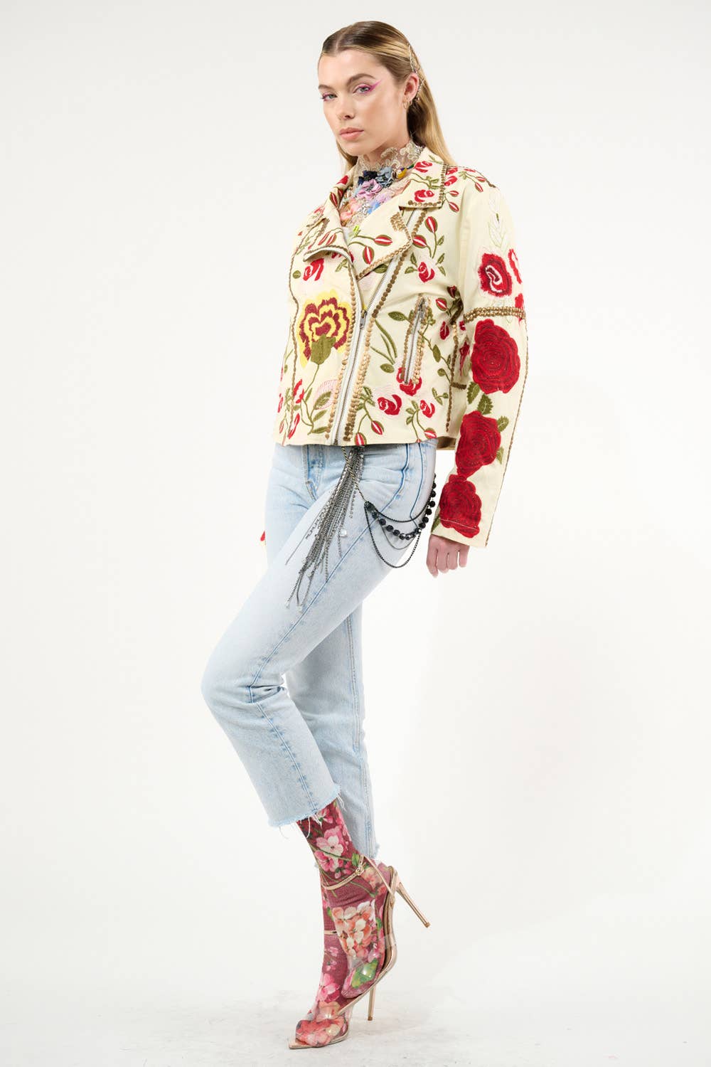 Carmen Embroidered Denim Motorcycle Jacket