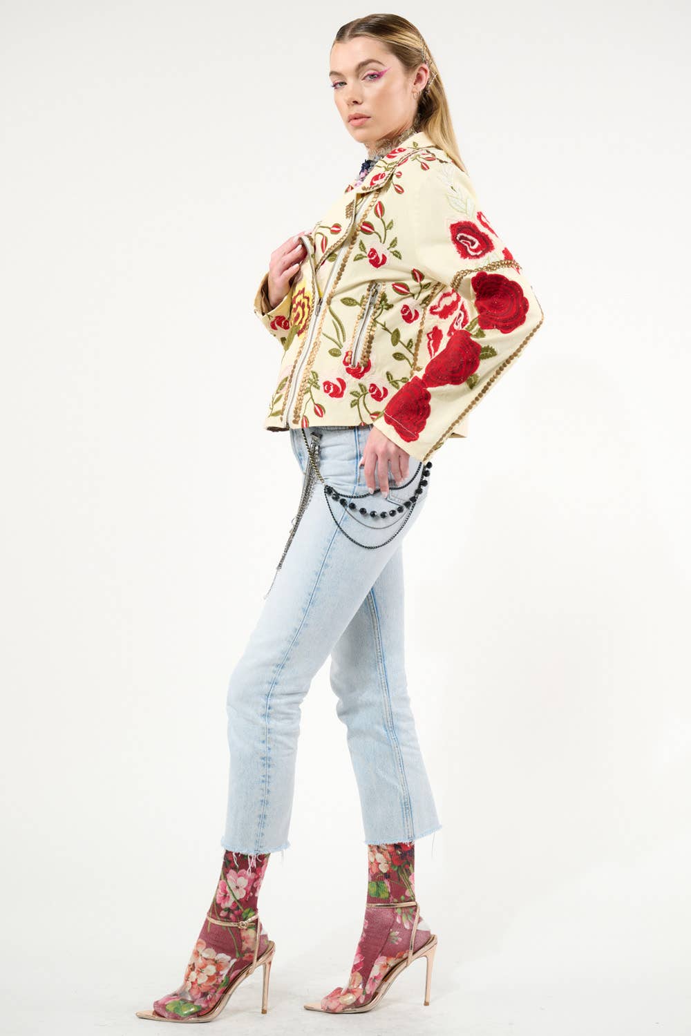 Carmen Embroidered Denim Motorcycle Jacket
