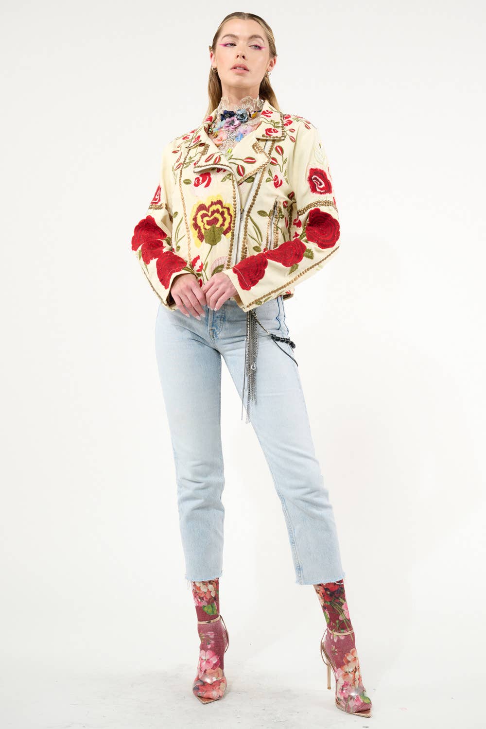 Carmen Embroidered Denim Motorcycle Jacket