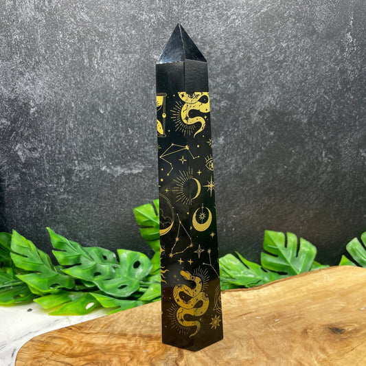 Black Obsidian Cosmic Etched Tower - Sage & Magic