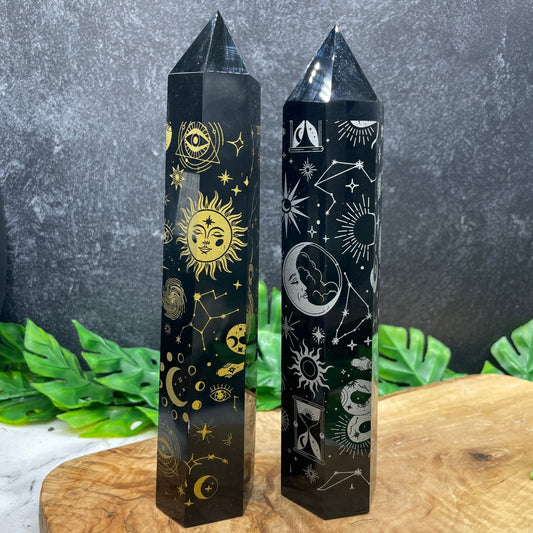 Black Obsidian Cosmic Etched Tower - Sage & Magic