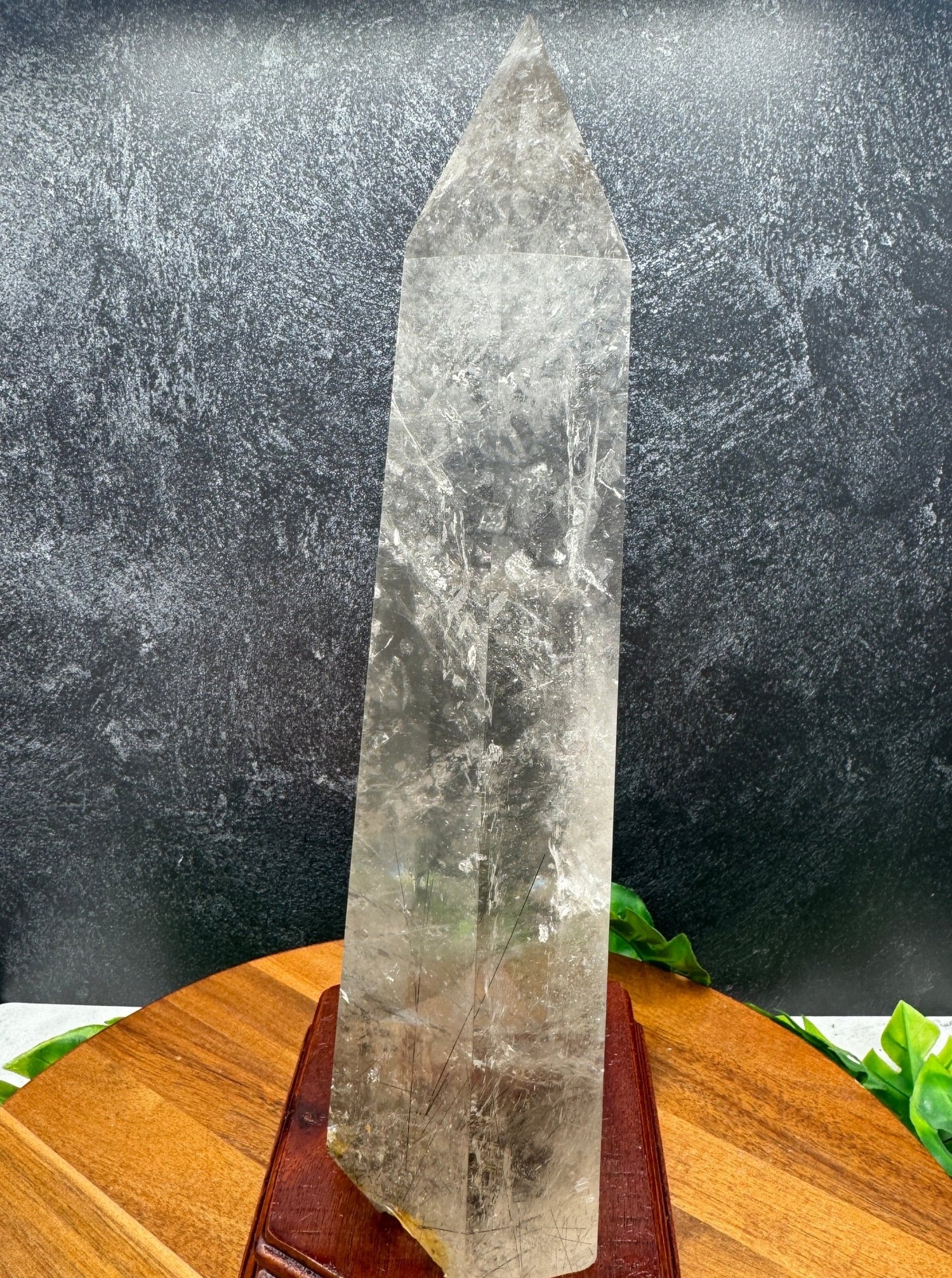 Black Rutile in Clear Quartz Tower with Stand - Sage & Magic