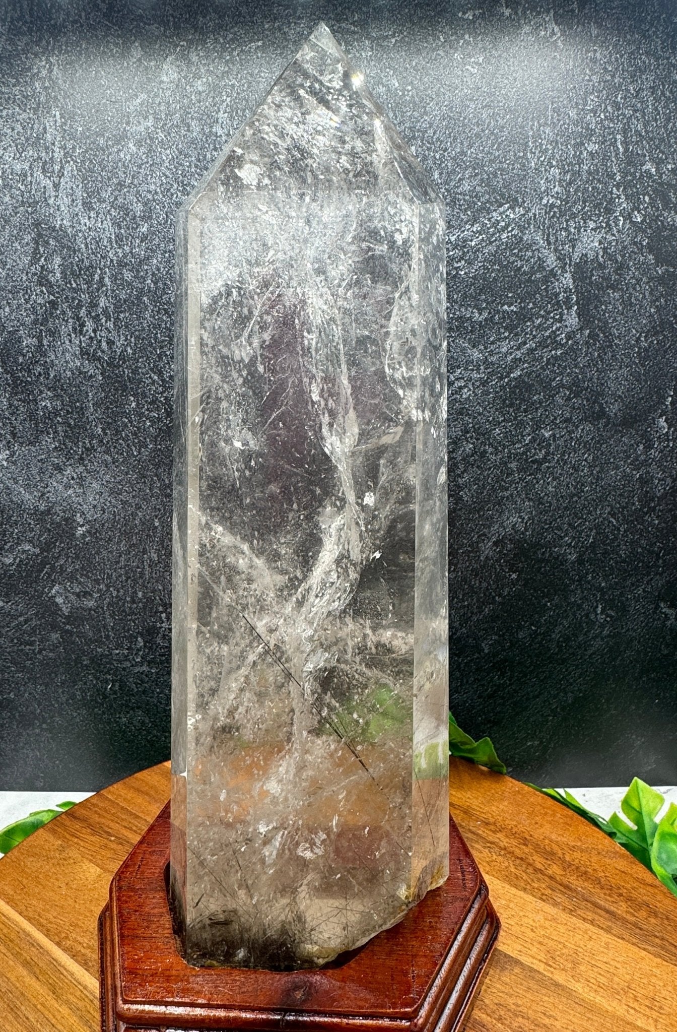 Black Rutile in Clear Quartz Tower with Stand - Sage & Magic