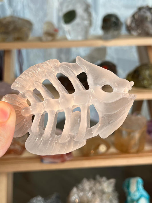 Clear Quartz Fish Skeleton Exquisite Carving with Clear Quartz Pebble - Sage & Magic