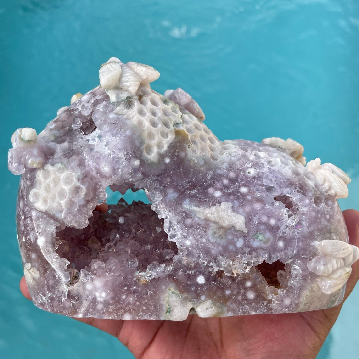 Flower Agate with Druzy Amethyst Cluster Bee Carving - Sage & Magic