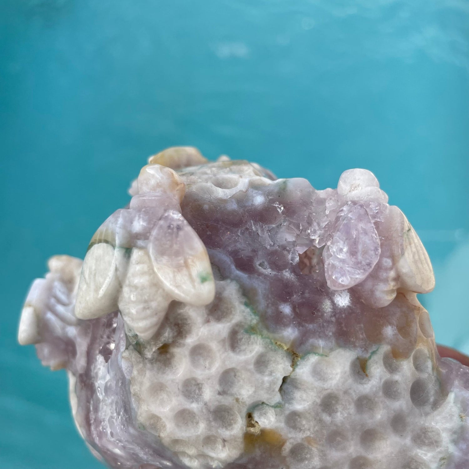 Flower Agate with Druzy Amethyst Cluster Bee Carving - Sage & Magic