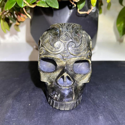 Gold Obsidian Jawless Decorated Skull - Sage & Magic