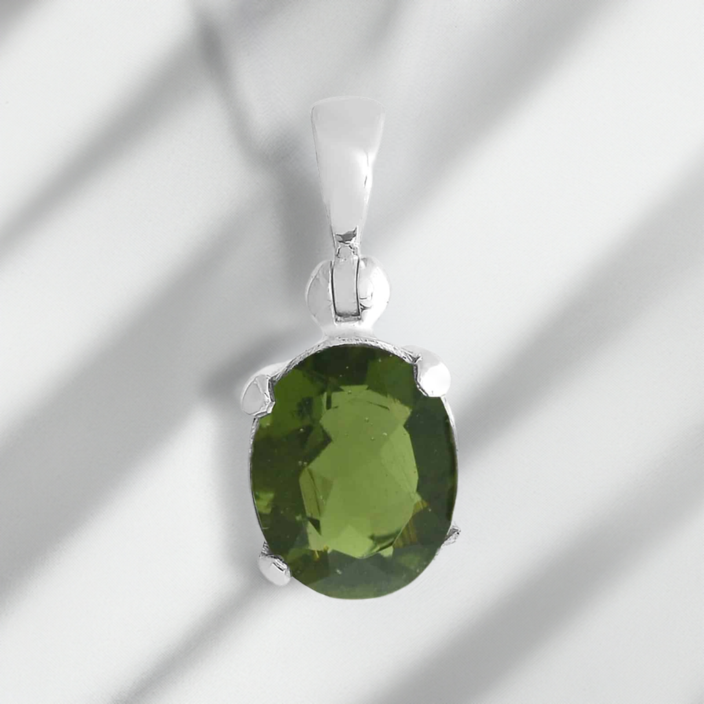 Starborn Oval Faceted Moldavite Prong Set Pendant in Sterling Silver - Medium