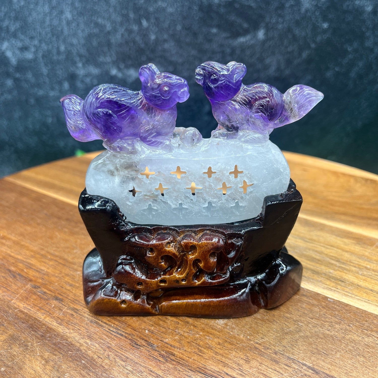 HQ Amethyst Squirrel Carving on Wooden Stand - Sage & Magic