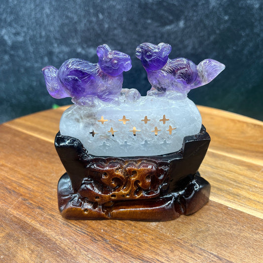 HQ Amethyst Squirrel Carving on Wooden Stand - Sage & Magic