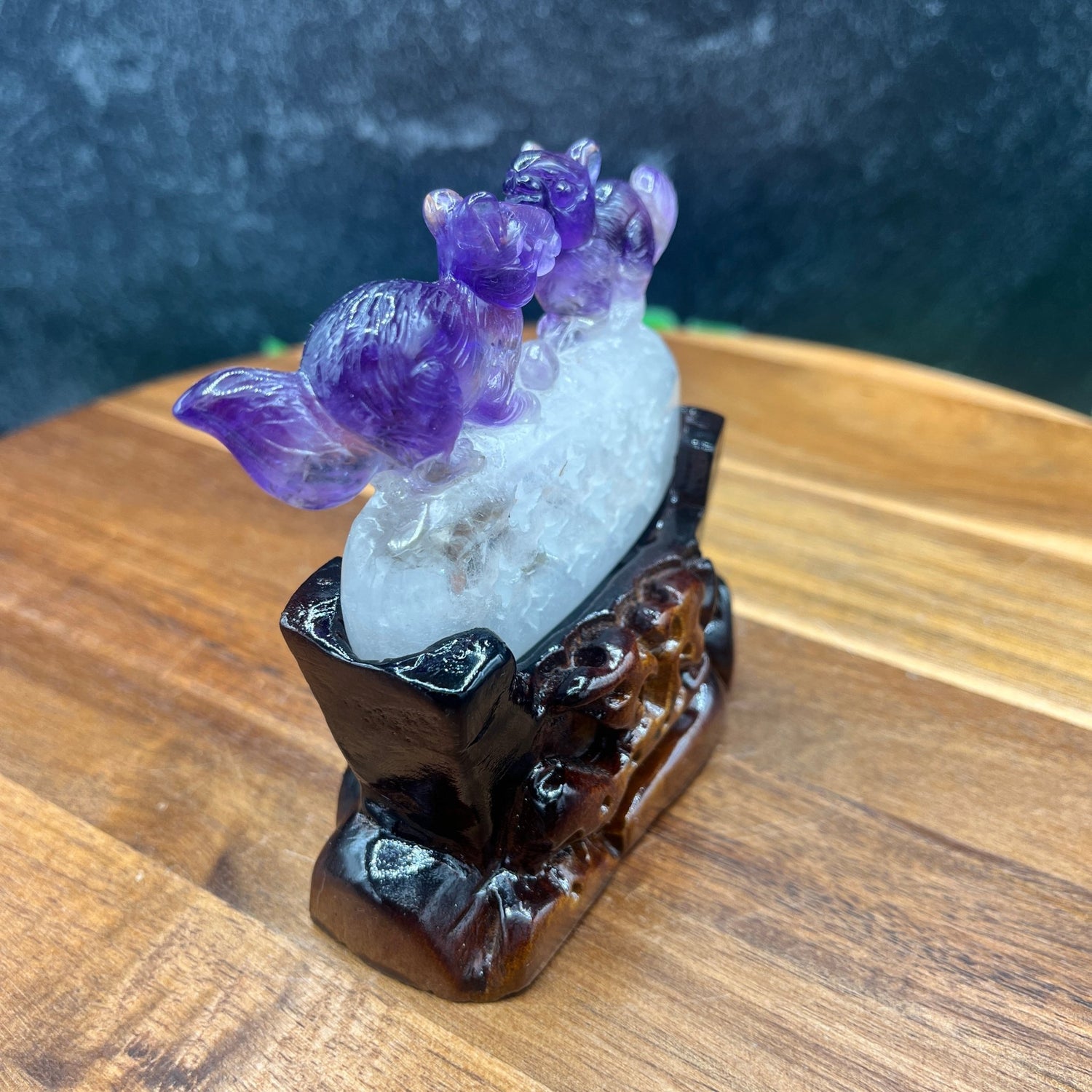 HQ Amethyst Squirrel Carving on Wooden Stand - Sage & Magic