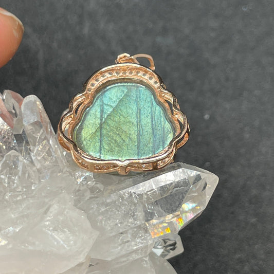 Rose Gold Zircon Blue Flash Labradorite Buddha Pendant - Sage & Magic