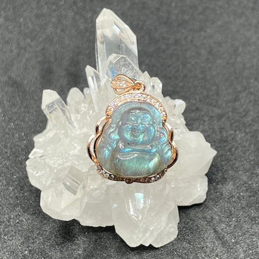 Rose Gold Zircon Blue Flash Labradorite Buddha Pendant - Sage & Magic