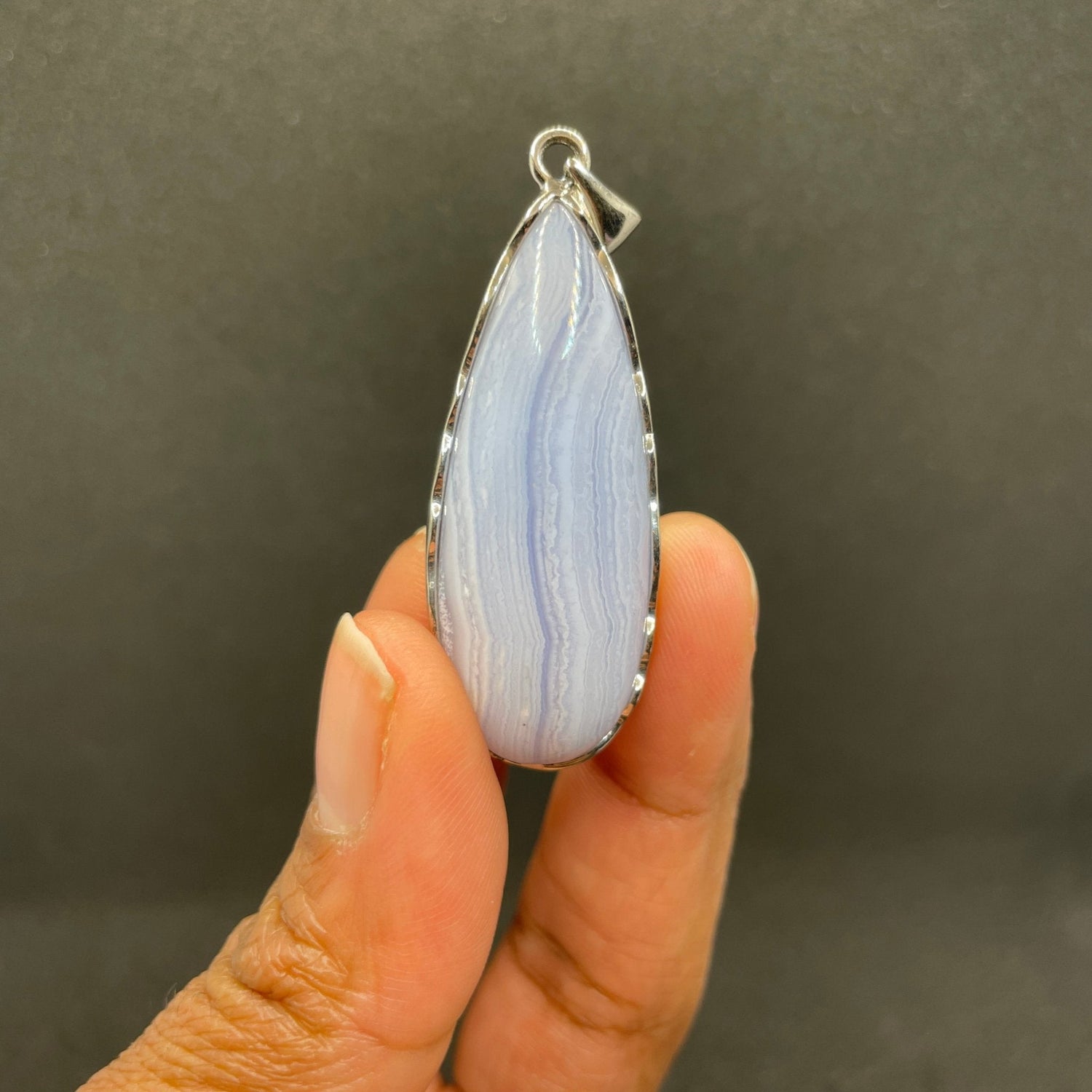 Sterling Silver Blue Lace Agate Long Teardrop Pendant - Sage & Magic