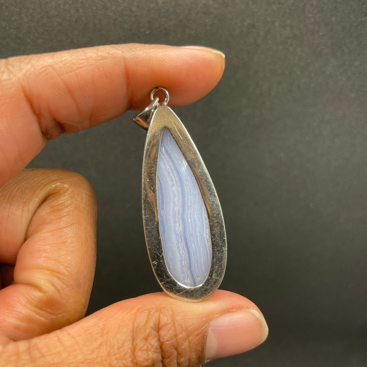 Sterling Silver Blue Lace Agate Long Teardrop Pendant - Sage & Magic