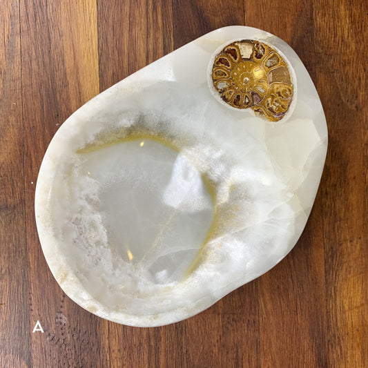 White Onyx with Ammonite Trinket Bowl - Crystal Gemstone Carving Home Decor - Sage & Magic