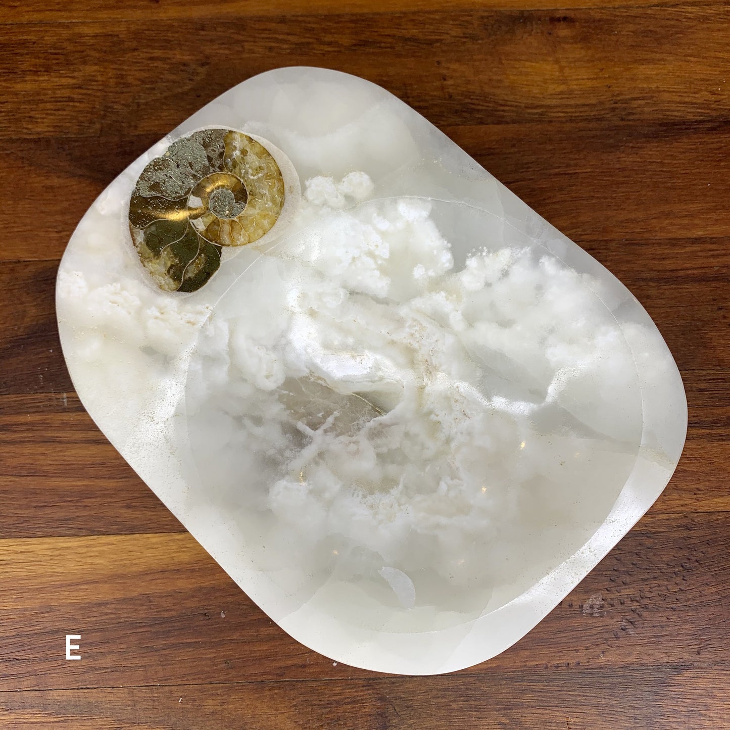 White Onyx with Ammonite Trinket Bowl - Crystal Gemstone Carving Home Decor