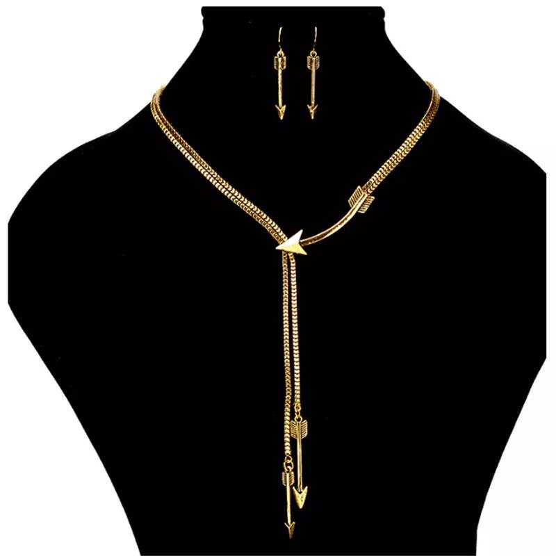Layered Goldtone Arrow Necklace and Earrings Set