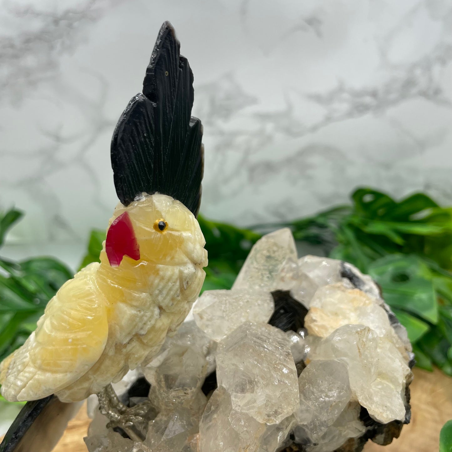 Yellow Calcite & Black Agate Crystal Parrot Carving