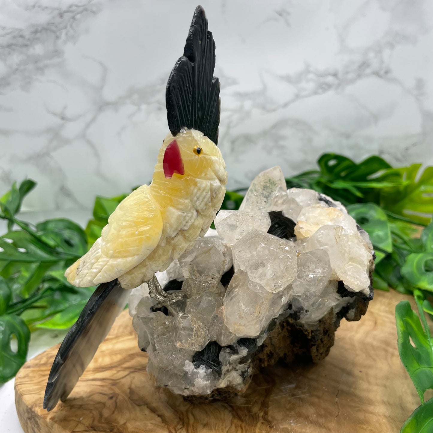 Yellow Calcite & Black Agate Crystal Parrot Carving
