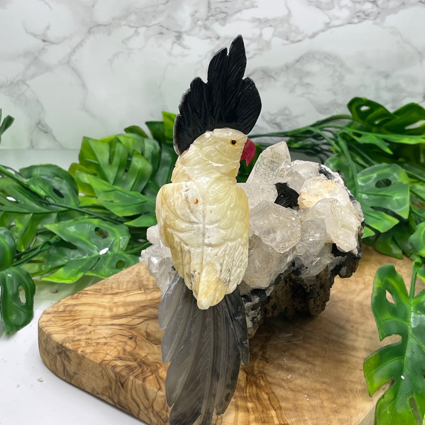 Yellow Calcite & Black Agate Crystal Parrot Carving