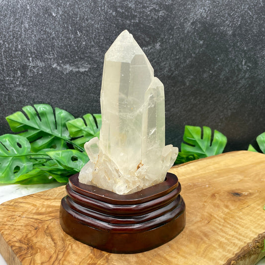Clear Quartz Twin Point Cluster in Stand