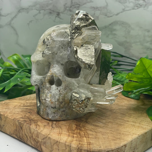 Rare Cubic Pyrite in Quartz Skull