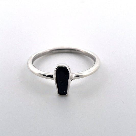 S925 Sterling Silver Coffin Ring - Black Tourmaline / Rose Quartz
