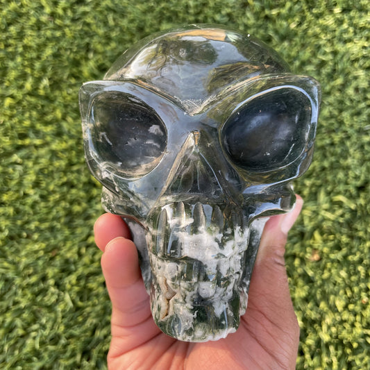Moss Agate Alien Skull