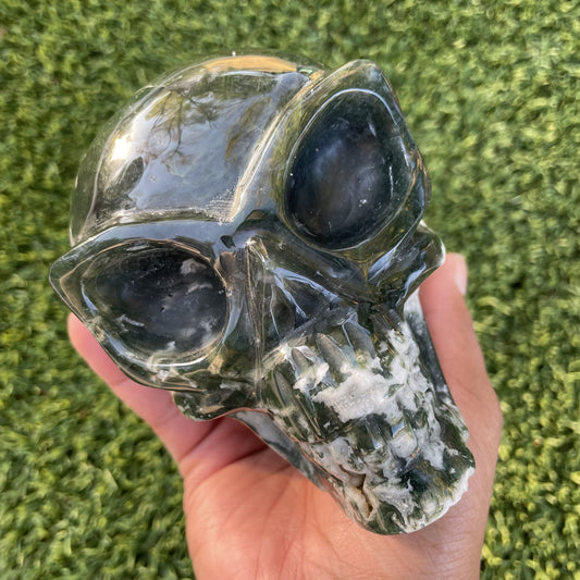 Moss Agate Alien Skull