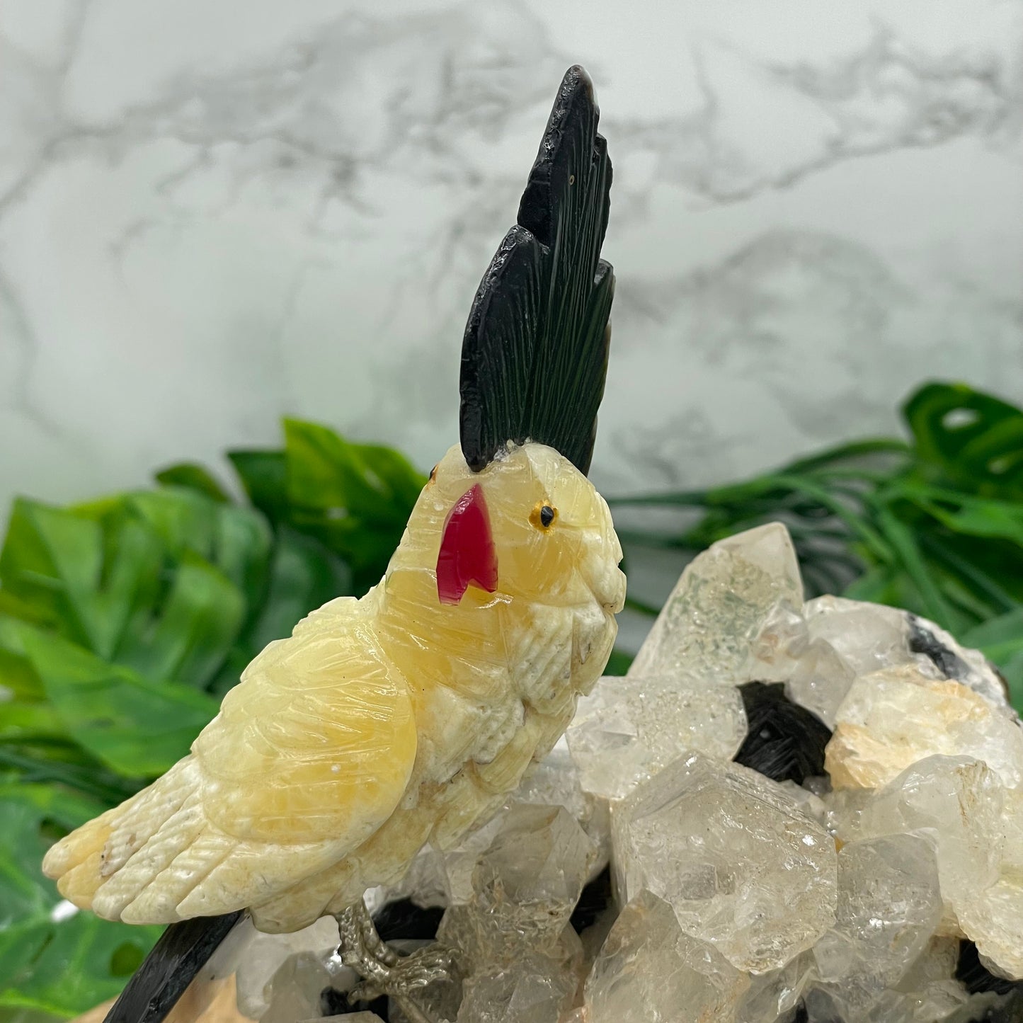 Yellow Calcite & Black Agate Crystal Parrot Carving