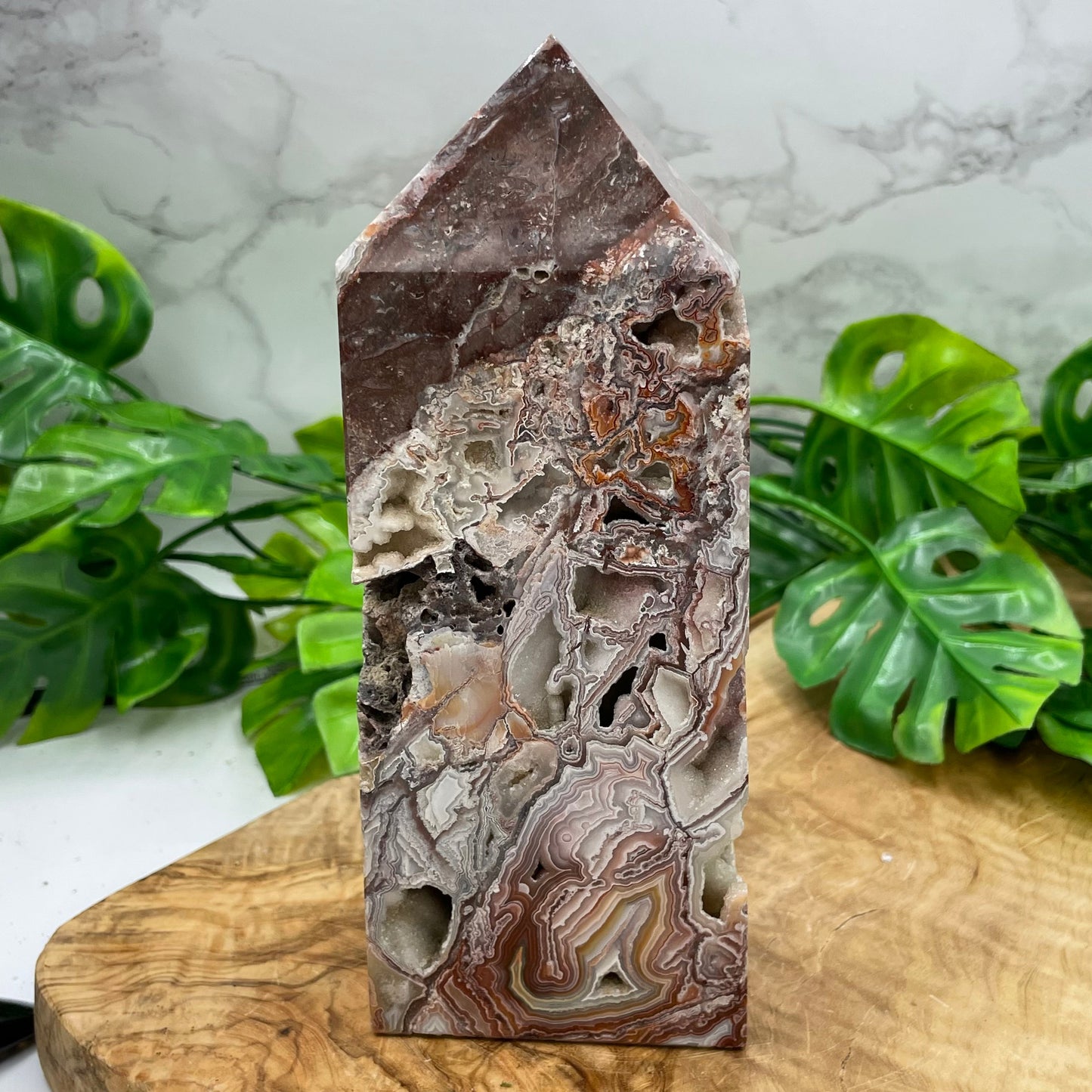 Mexican Crazy Lace Agate with Druzy Quartz Tower