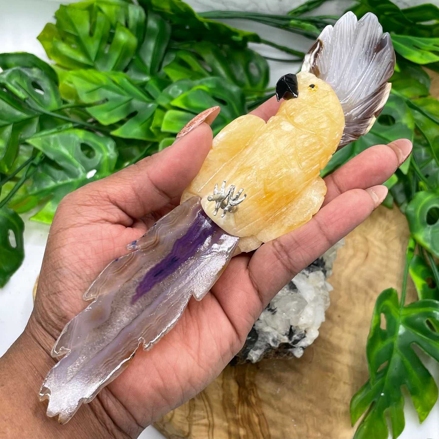 Yellow Calcite & Grey Agate Crystal Parrot