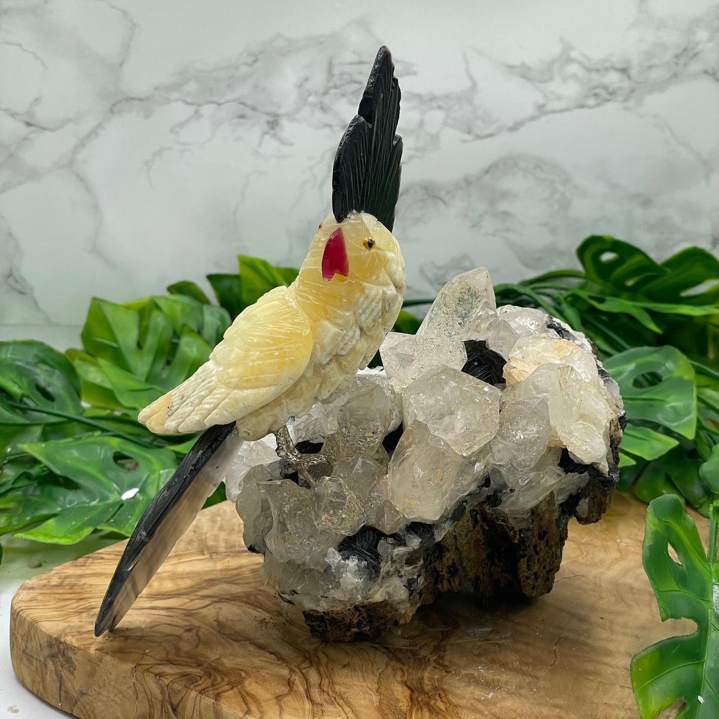 Yellow Calcite & Black Agate Crystal Parrot Carving