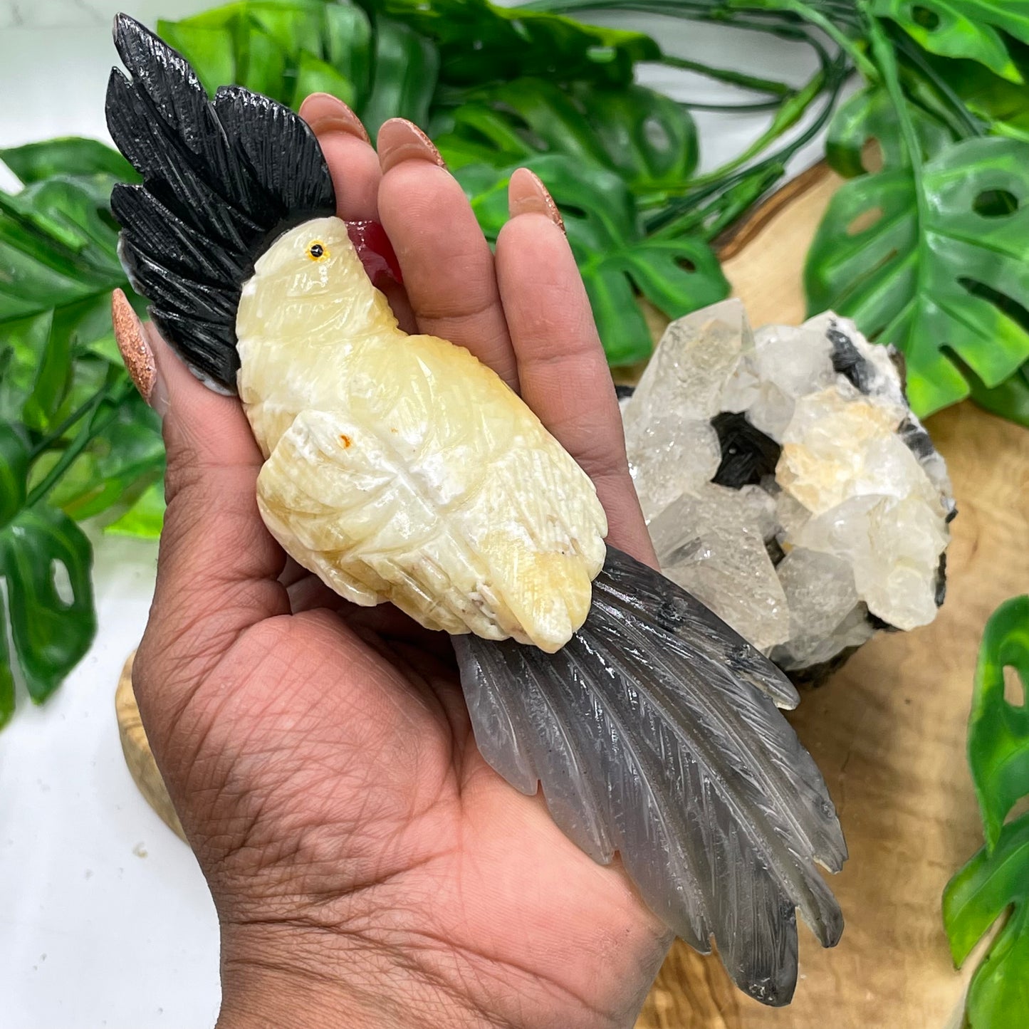 Yellow Calcite & Black Agate Crystal Parrot Carving