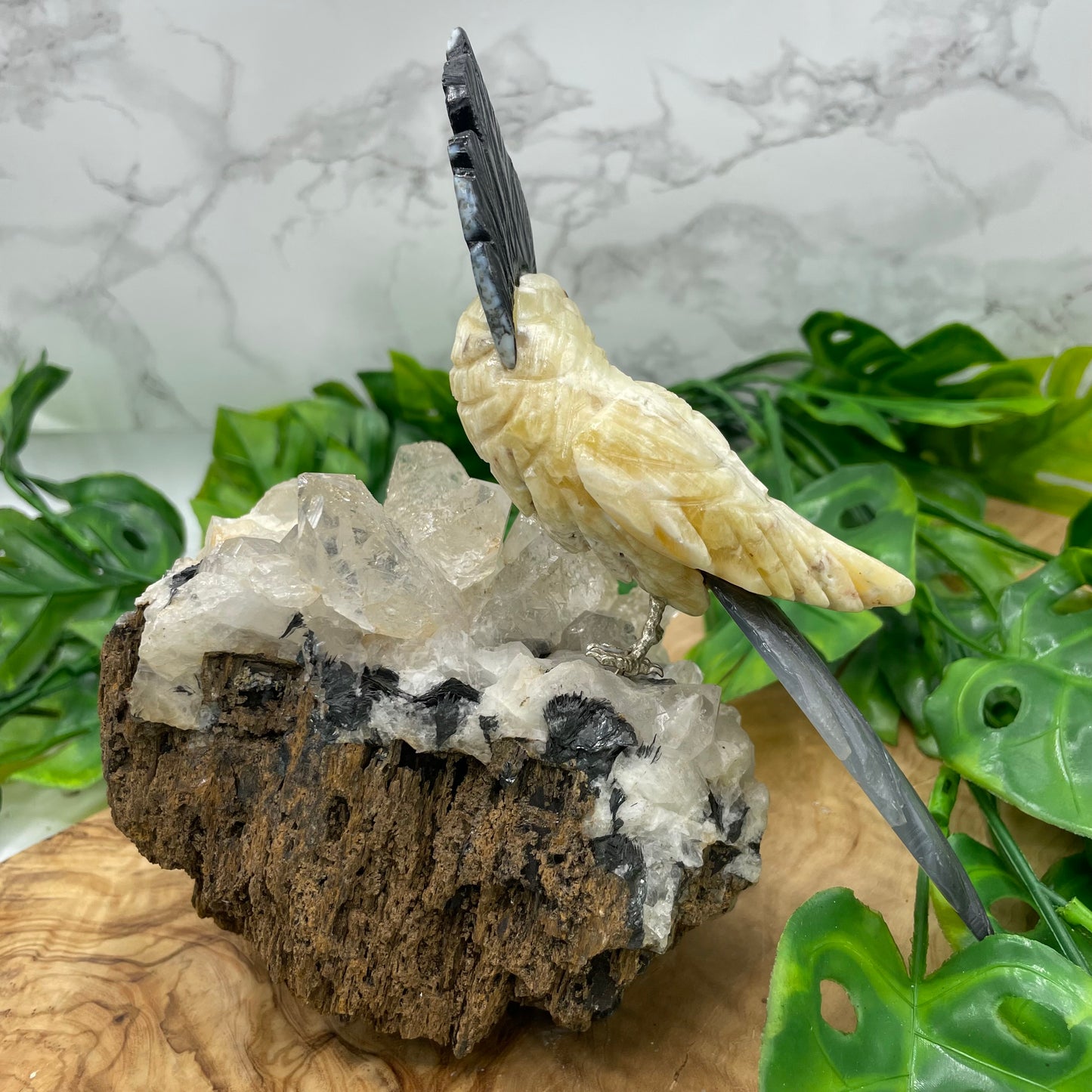 Yellow Calcite & Black Agate Crystal Parrot Carving