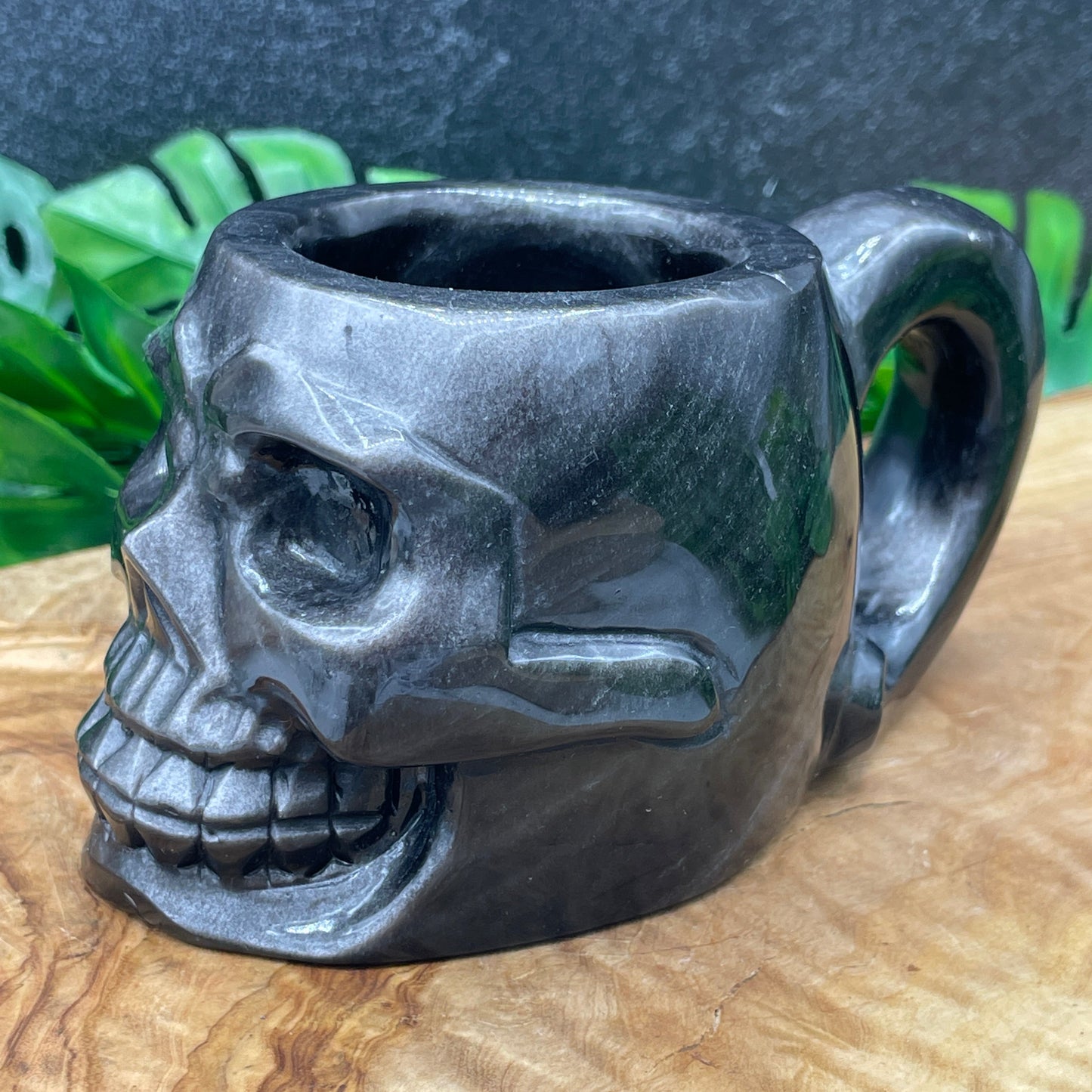 Silver Sheen Obsidian Skull Cup