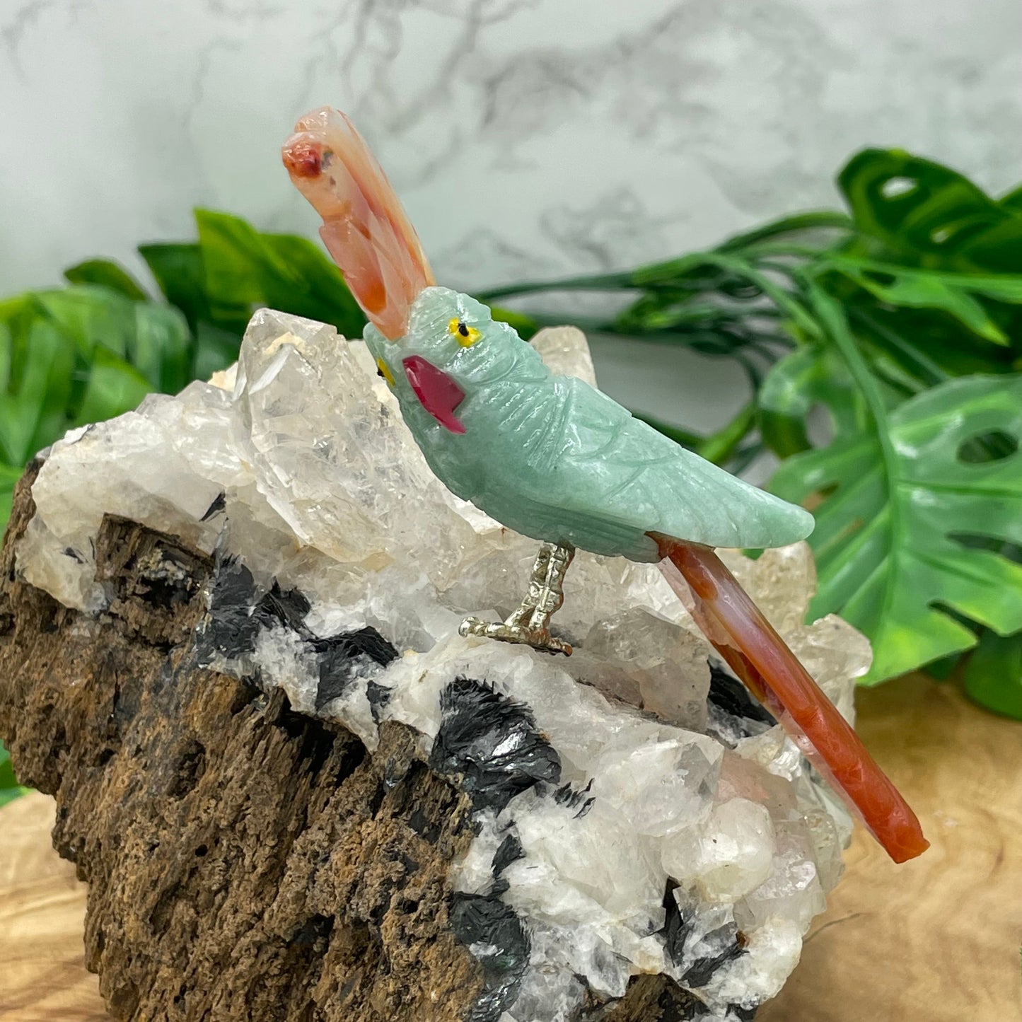 Small Green Calcite & Carnelian Agate Cockatoo
