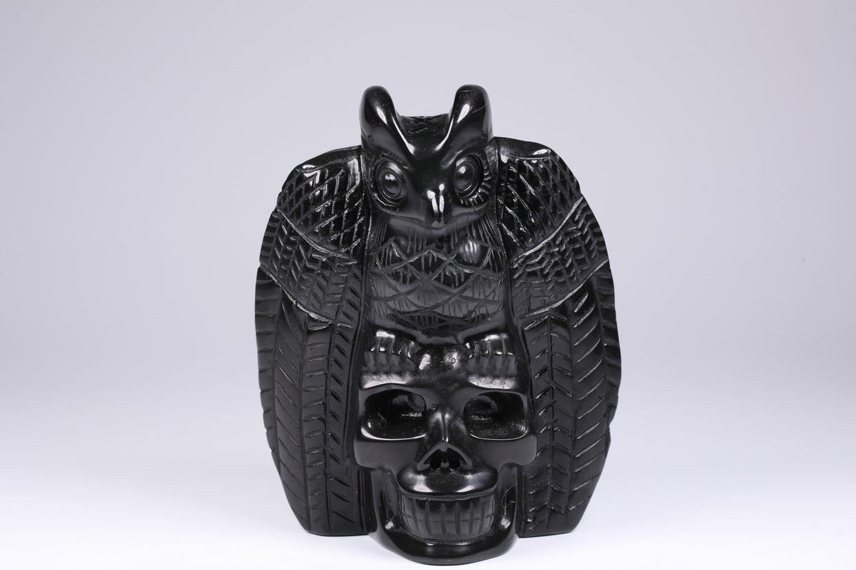 Long Winged Owl Black Obsidian Skull