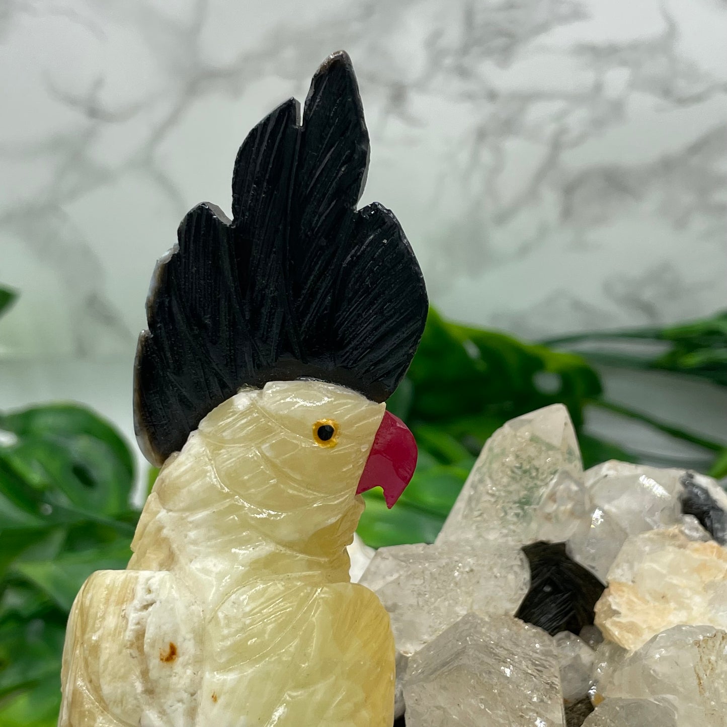Yellow Calcite & Black Agate Crystal Parrot Carving
