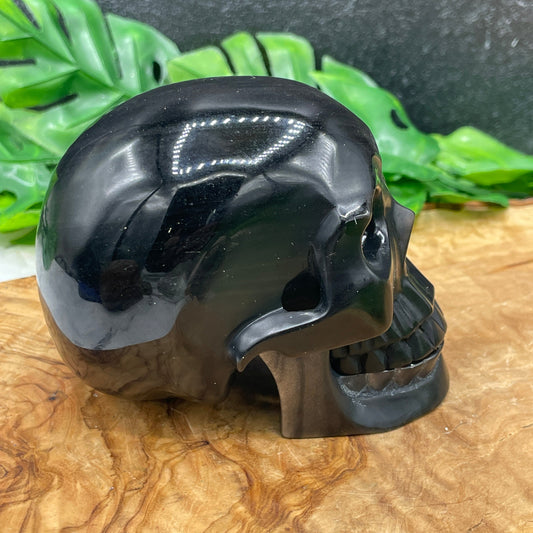 Silver Obsidian Skull w Detached Jaw