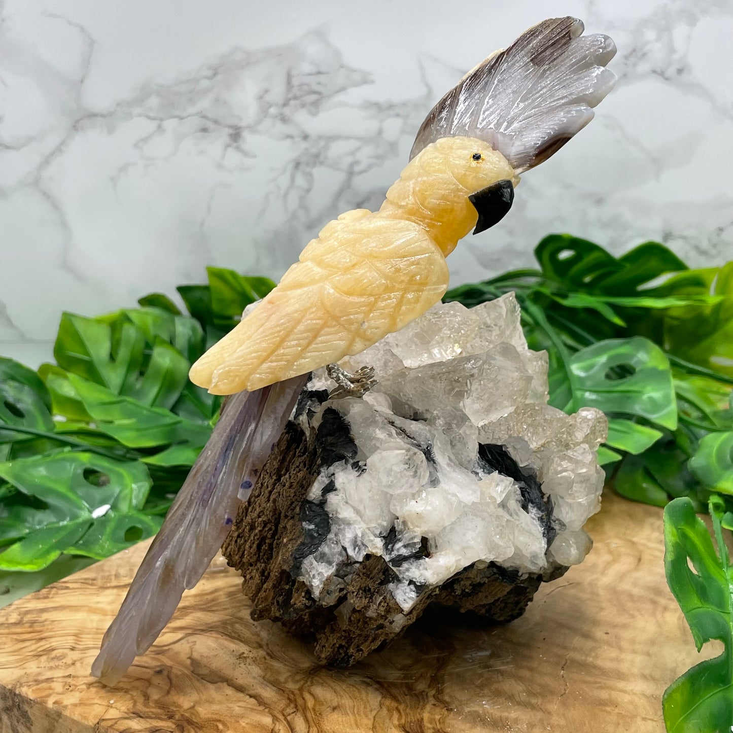 Yellow Calcite & Grey Agate Crystal Parrot